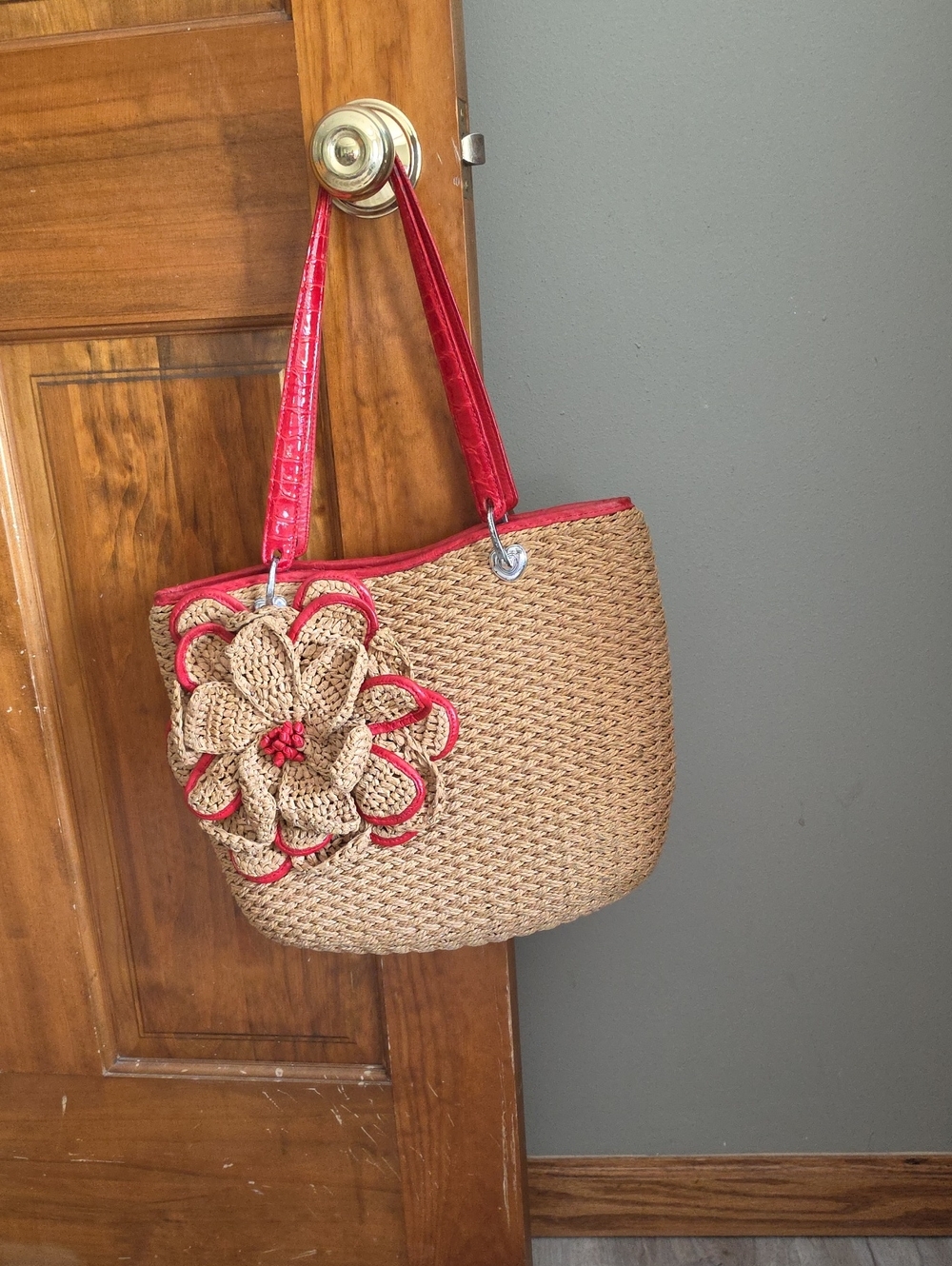 Brighton Natural Straw Tote with Red Trim and Flower Accent